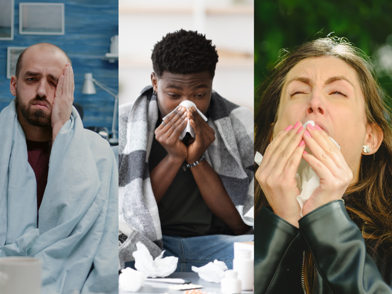 Blog header image showing 3 people, showing The difference between hay fever, a cold and flu